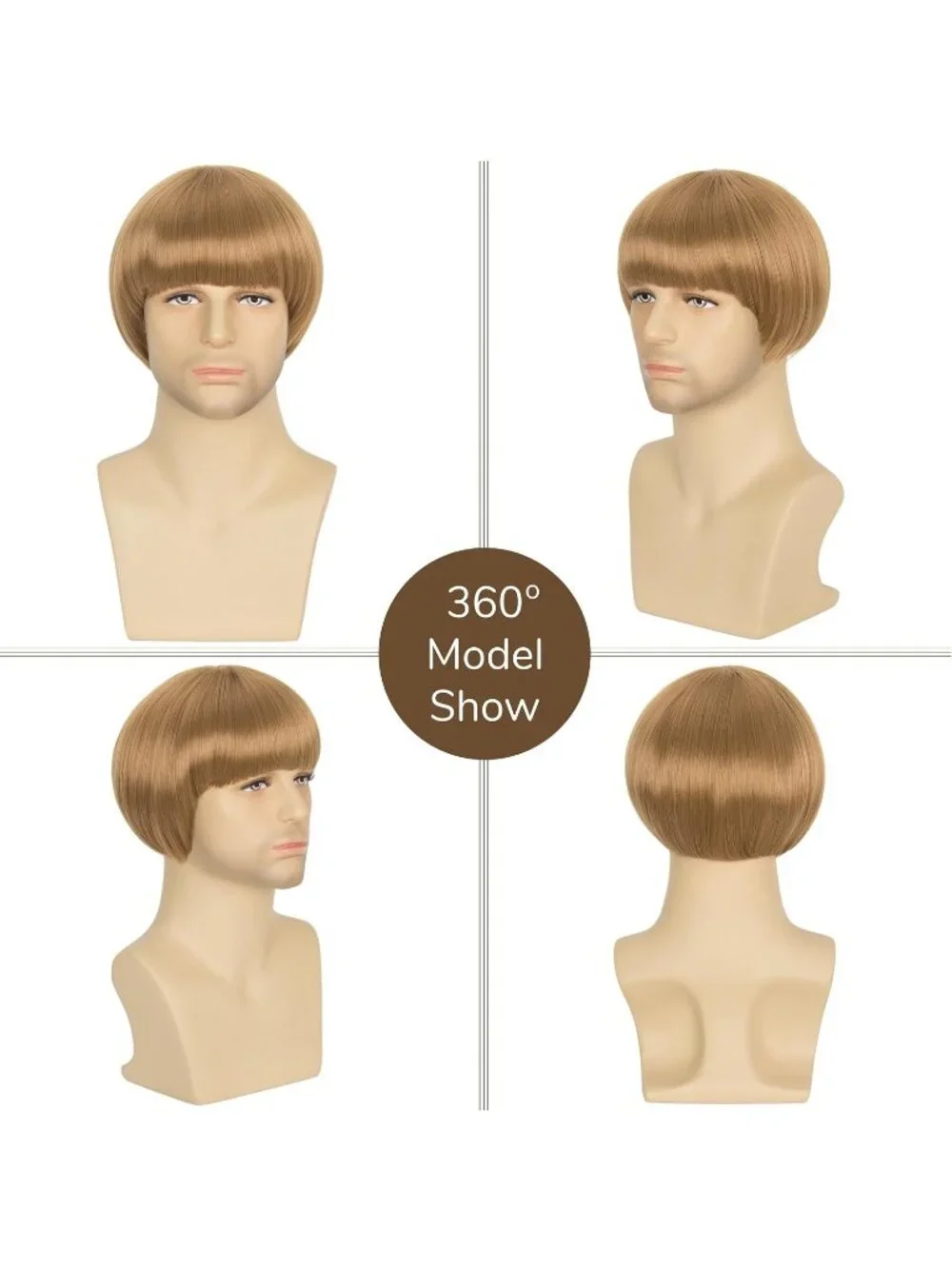 Men's Blonde Retro Bowl Cut Straight Synthetic Mushroom Hairpiece Bangs Wig